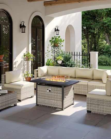 8-Piece Modular Wicker Patio Set - 6 Seats, Coffee Table and 55,000 BTU Fire Pit
