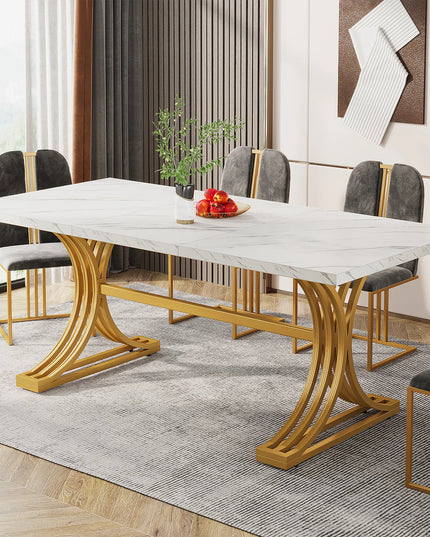 63-Inch Faux Marble Dining Table - Rectangular Kitchen Table on Iron Frame, Seats 4 to 6