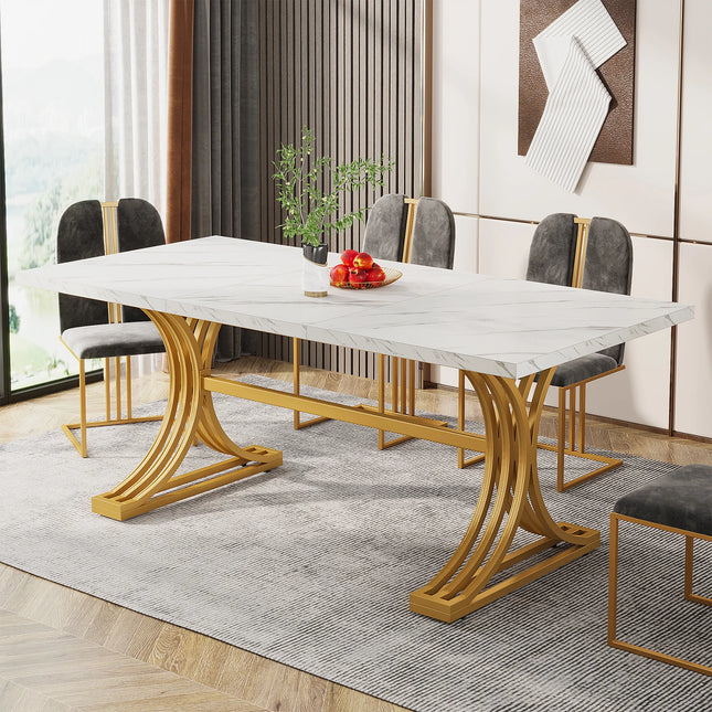 63-Inch Faux Marble Dining Table - Rectangular Kitchen Table on Iron Frame, Seats 4 to 6