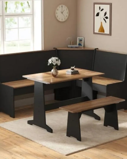 3-Piece Breakfast Nook Dining Set - Corner Bench Seating with Storage, Black Oak