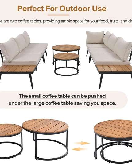 4-Piece Acacia L-Shaped Patio Set - Nesting Coffee Table, Built-In Side Table, Cushions