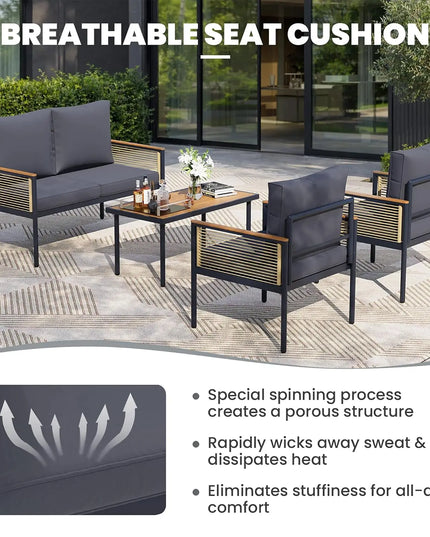 4-Seat Metal Patio Set - Multi-Seat Sofa, 2 Lounge Chairs and Coffee Table, Deep Grey