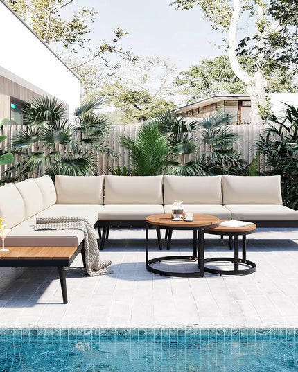 4-Piece Acacia L-Shaped Patio Set - Nesting Coffee Table, Built-In Side Table, Cushions
