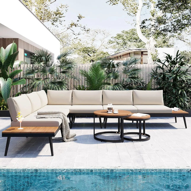 4-Piece Acacia L-Shaped Patio Set - Nesting Coffee Table, Built-In Side Table, Cushions