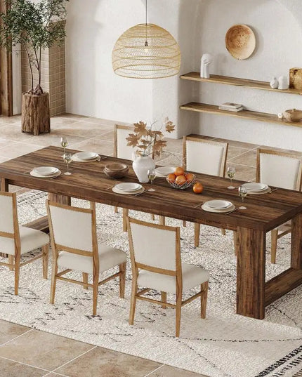 86.61-Inch Narrow Farmhouse Dining Table - Wood Pedestal Base, Seats 6 to 8, 4 Finishes