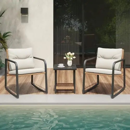 3-Piece Rocking Bistro Set - 2 Wicker Rocking Chairs and 2-Tier Table, 2 Colourways