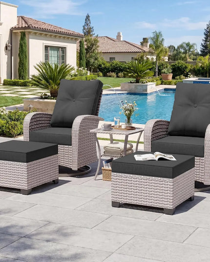 5-Piece Wicker Swivel Rocker Set - Rockers, Ottomans, Glass Table and Cushions, 5 Colours