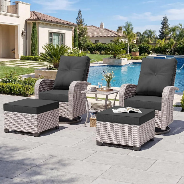 5-Piece Wicker Swivel Rocker Set - Rockers, Ottomans, Glass Table and Cushions, 5 Colours