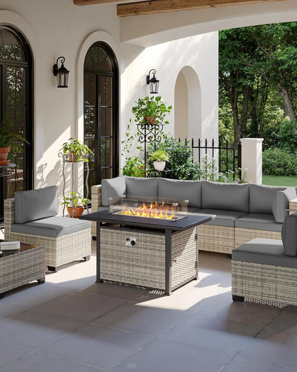 8-Piece Modular Wicker Patio Set - 6 Seats, Coffee Table and 55,000 BTU Fire Pit