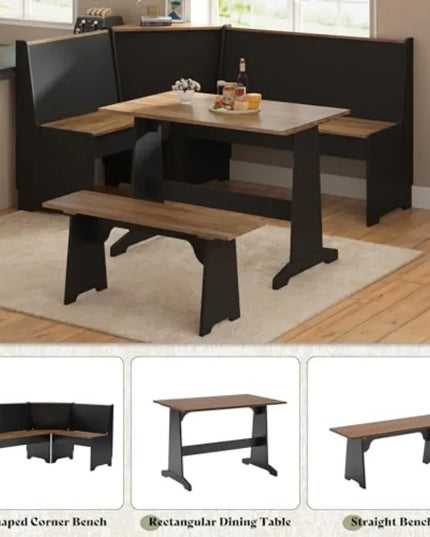 3-Piece Breakfast Nook Dining Set - Corner Bench Seating with Storage, Black Oak