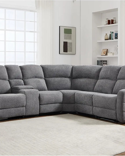 L-Shaped Reclining Corner Sofa - Padded Headrests and 2 Cup Holders, Grey Fabric