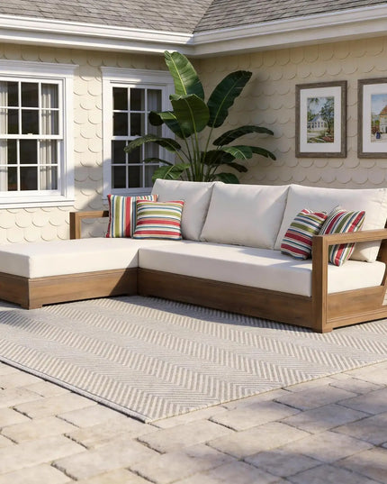 Acacia Wood L-Shaped Low Sectional Sofa - 3 Seater Modular Floor Seating with Cushions