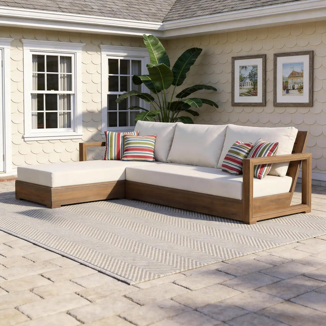 Acacia Wood L-Shaped Low Sectional Sofa - 3 Seater Modular Floor Seating with Cushions