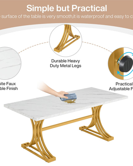 63-Inch Faux Marble Dining Table - Rectangular Kitchen Table on Iron Frame, Seats 4 to 6
