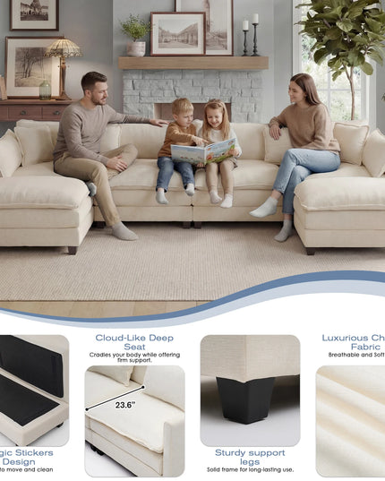 113-Inch Cloud Modular Sectional Sofa with Ottoman - 23.6-Inch Deep Seat, 4 Colours