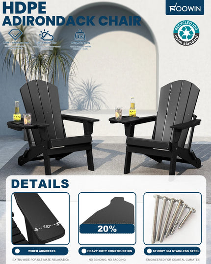 Folding Adirondack Chairs, Set of 2 - HDPE with Cup Holders and Cushions, 6 Colours