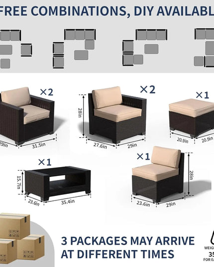 7-Piece Slanted-Back Patio Sectional - Modular Rattan with Dual-Tier Glass Coffee Table