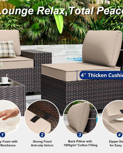 6-Piece Patio Sectional - 2 Armrest Sofas, 3 Armless Sofas and Glass Coffee Table