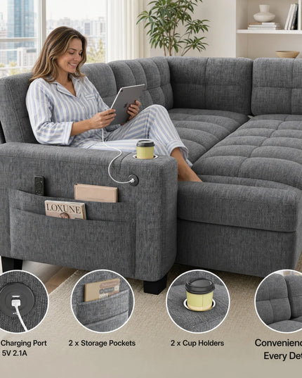 U-Shaped Modular Sleeper Sofa - Pull-Out Bed, Hidden Storage, USB Ports, 5 or 7 Seat