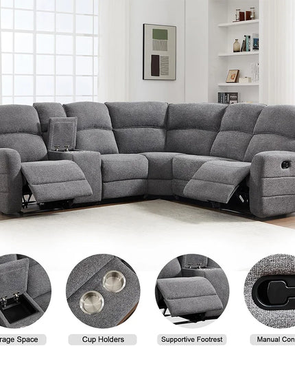 L-Shaped Reclining Corner Sofa - Padded Headrests and 2 Cup Holders, Grey Fabric