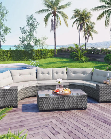 7-Piece All-Weather Rattan Conversation Set - Tempered Glass Table and Striped Pillows