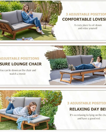 Acacia Wood Outdoor Couch - Converts to Daybed, Adjustable Armrests, Cushions Included