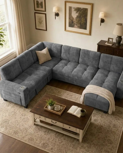 U-Shaped Modular Sleeper Sofa - Pull-Out Bed, Hidden Storage, USB Ports, 5 or 7 Seat