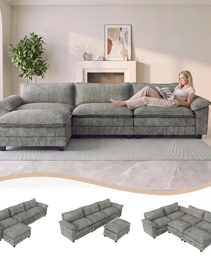 Chenille L-Shaped Sofa with Movable Ottoman - 30-Inch Deep Seat, Washable Cover, Grey