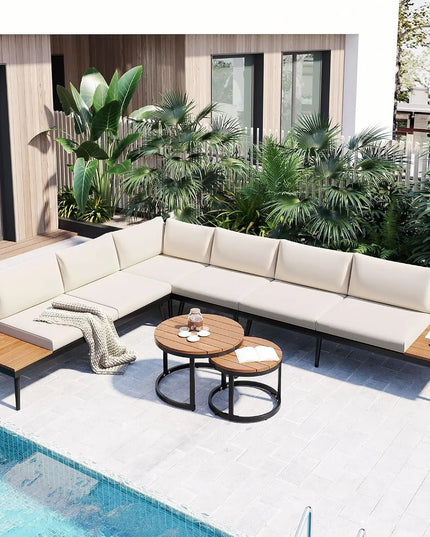 4-Piece Acacia L-Shaped Patio Set - Nesting Coffee Table, Built-In Side Table, Cushions
