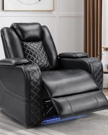 Electric Power Recliner Home Theater Chair - Adjustable Headrest, LED, USB, Cup Holders