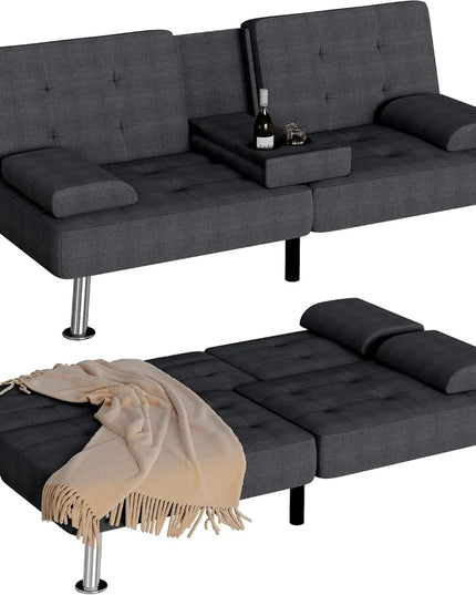 Futon Sofa Bed with Removable Armrests - Adjustable Recliner Sleeper, 2 Cup Holders
