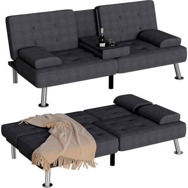 Futon Sofa Bed with Removable Armrests - Adjustable Recliner Sleeper, 2 Cup Holders
