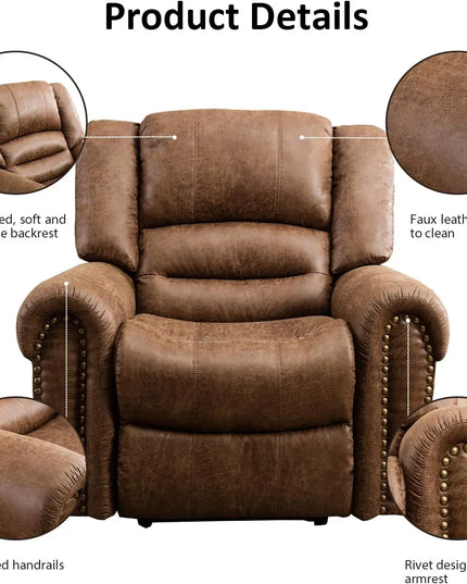 Classic Manual Leather Recliner Chair - Traditional Khaki Armchair with Padded Arms
