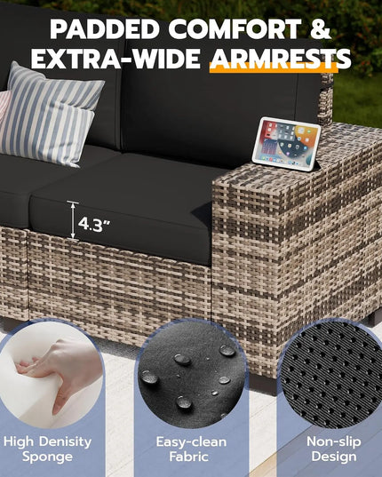 6-Piece Patio Sectional - 5 Conversation Sofas and Tempered Glass Table, Thick Cushions