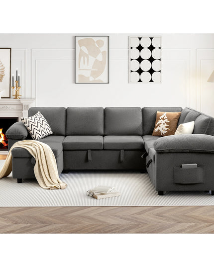 112-Inch L-Shaped Modular Sectional Sofa Bed - Movable Ottoman and Side Storage Pockets