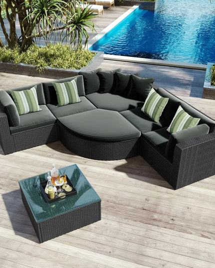 7-Piece All-Weather Rattan Conversation Set - Tempered Glass Table and Striped Pillows