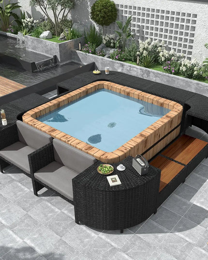 7-Piece All-Weather Rattan Conversation Set - Tempered Glass Table and Striped Pillows