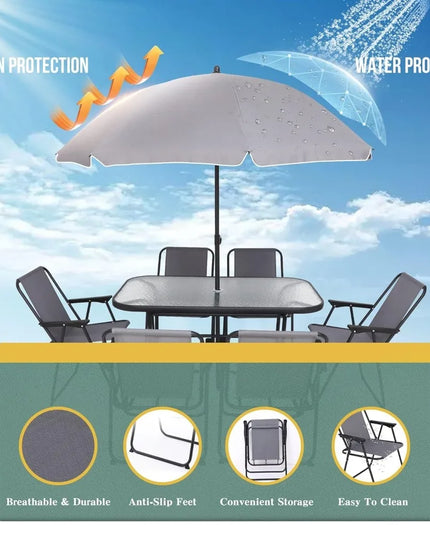 8-Piece Patio Dining Set with Umbrella - Glass Table and 6 Folding Mesh Chairs