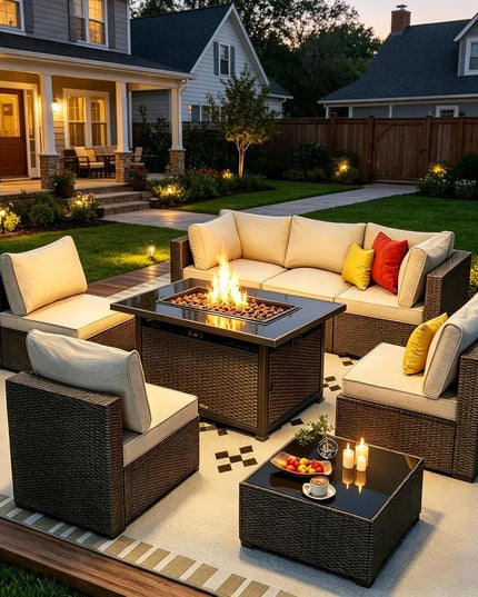 8-Piece Wicker Patio Set with 43-Inch Propane Fire Pit Table - 4-Inch Cushions, 2 Pillows