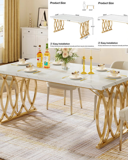 63-Inch Faux Marble Dining Table - Rectangular Kitchen Table on Iron Frame, Seats 4 to 6