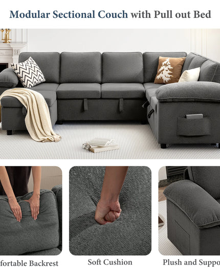 112-Inch L-Shaped Modular Sectional Sofa Bed - Movable Ottoman and Side Storage Pockets