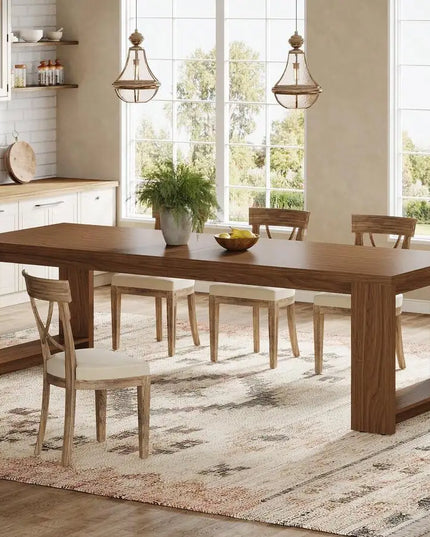 86.61-Inch Narrow Farmhouse Dining Table - Wood Pedestal Base, Seats 6 to 8, 4 Finishes
