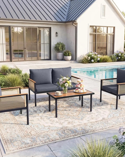 4-Seat Metal Patio Set - Multi-Seat Sofa, 2 Lounge Chairs and Coffee Table, Deep Grey