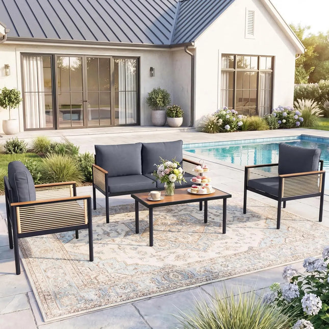 4-Seat Metal Patio Set - Multi-Seat Sofa, 2 Lounge Chairs and Coffee Table, Deep Grey