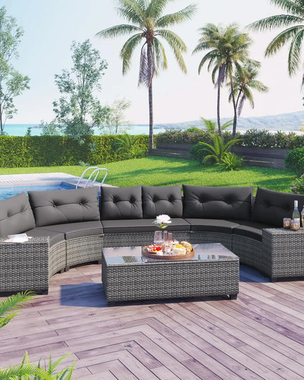 7-Piece All-Weather Rattan Conversation Set - Tempered Glass Table and Striped Pillows