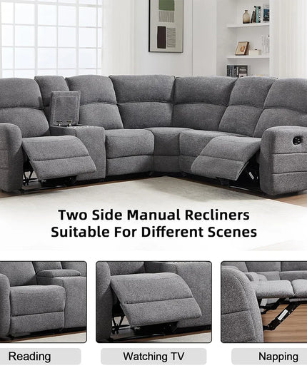 L-Shaped Reclining Corner Sofa - Padded Headrests and 2 Cup Holders, Grey Fabric