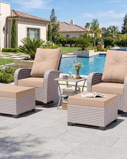 5-Piece Wicker Swivel Rocker Set - Rockers, Ottomans, Glass Table and Cushions, 5 Colours