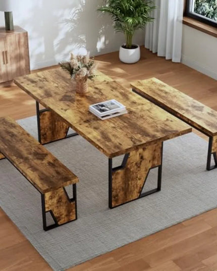 Rustic 70.8-Inch Dining Table with 2 Matching Benches - Natural Wood, Seats 6