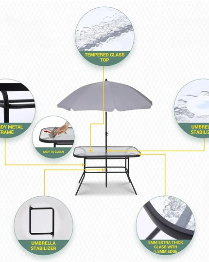 8-Piece Patio Dining Set with Umbrella - Glass Table and 6 Folding Mesh Chairs