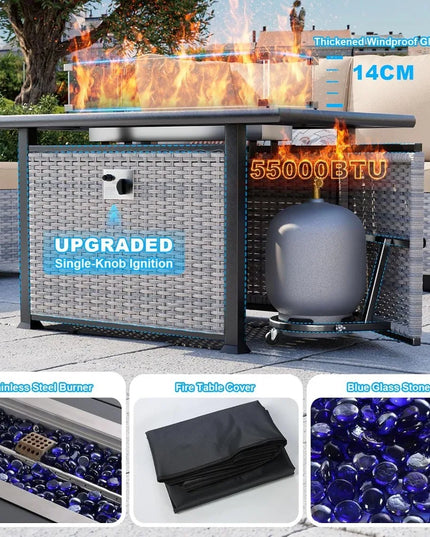 8-Piece Modular Wicker Patio Set - 6 Seats, Coffee Table and 55,000 BTU Fire Pit